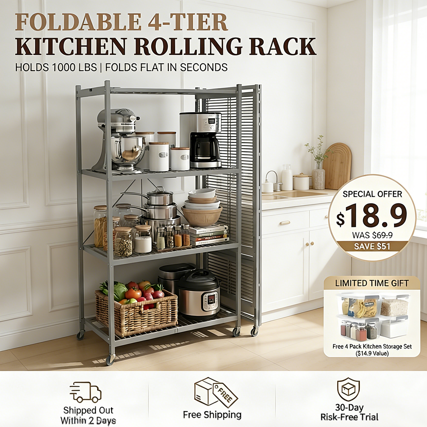 GREEN CRAFT Foldable 4-Tier Heavy-Duty Rolling Storage Shelving Rack