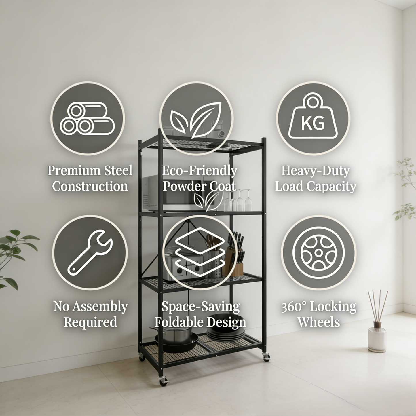 GREEN CRAFT Foldable 4-Tier Heavy-Duty Rolling Storage Shelving Rack