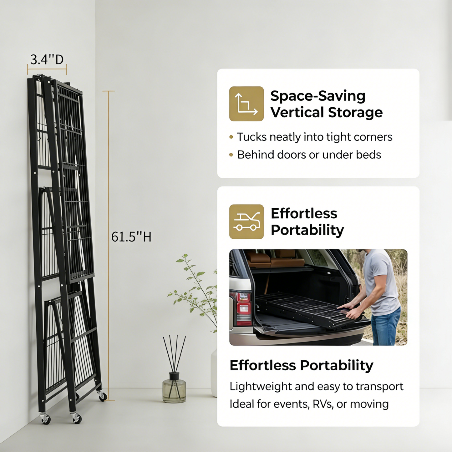 GREEN CRAFT Foldable 4-Tier Heavy-Duty Rolling Storage Shelving Rack